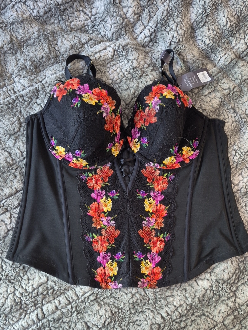 Cacique 🖤 Black Floral Embroidered Longline Bustier (718)